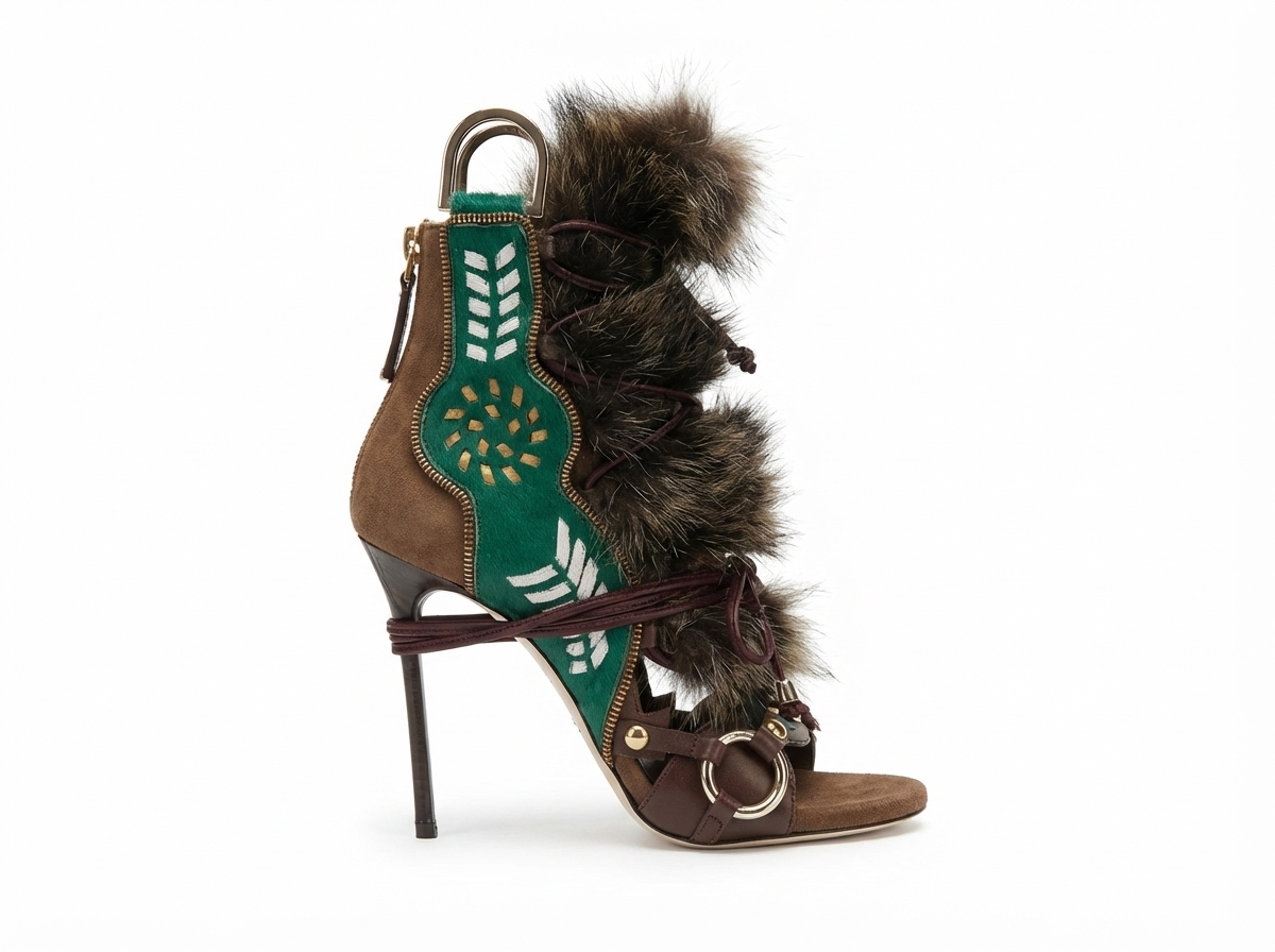 Bottine à talon marron Daim Synthétique Femme - Santiags multicolores avec fourrure et broderies