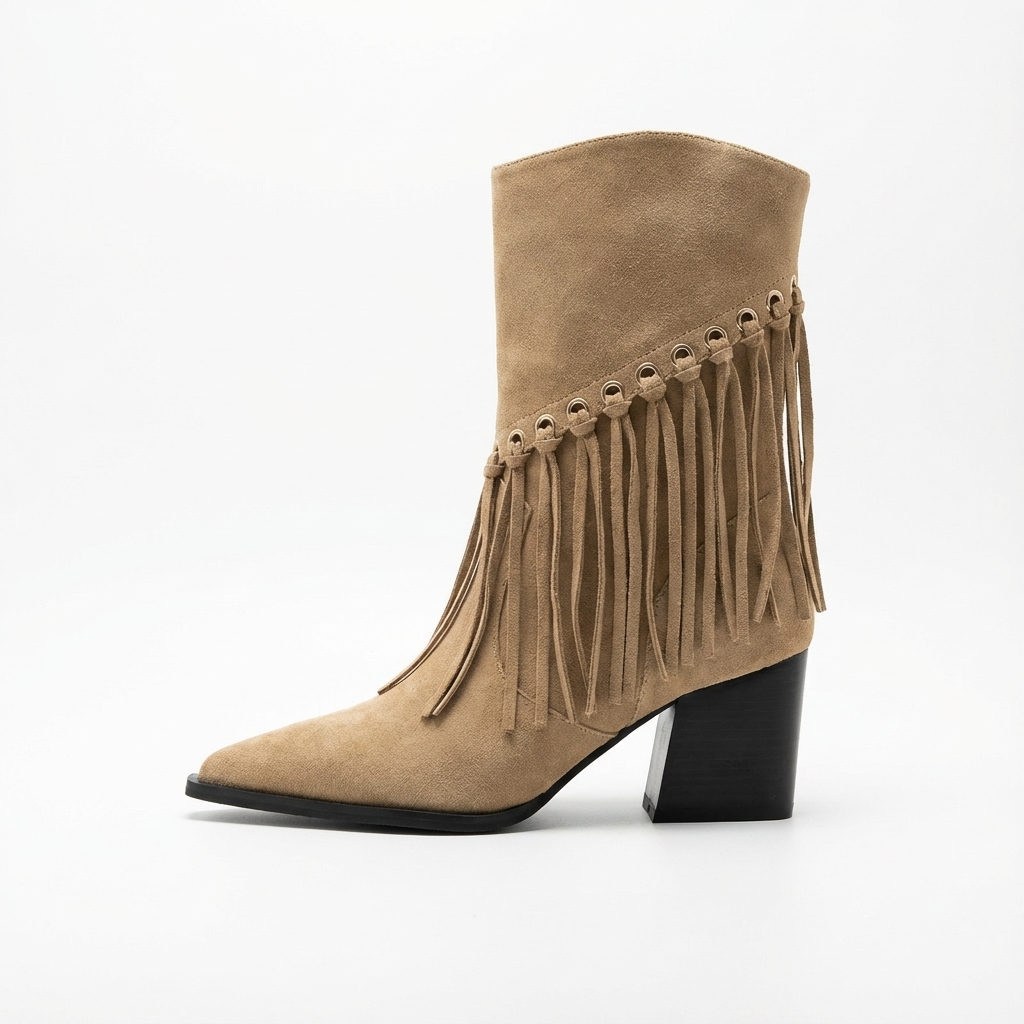 Santiag mi-haute beige Daim Femme - Franges pointues avec œillets métalliques 2