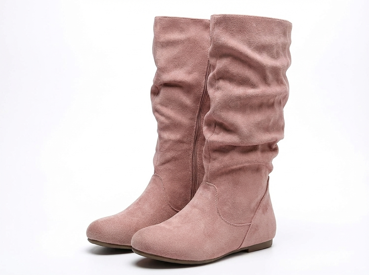 Santiag mi-haute rose Daim Synthétique Femme - Bottes plissées rose à bout rond