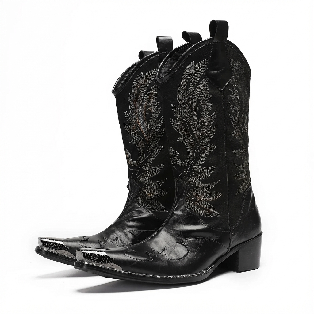 Santiag mi-haute noir Cuir Homme - Embout métallique argenté audacieux