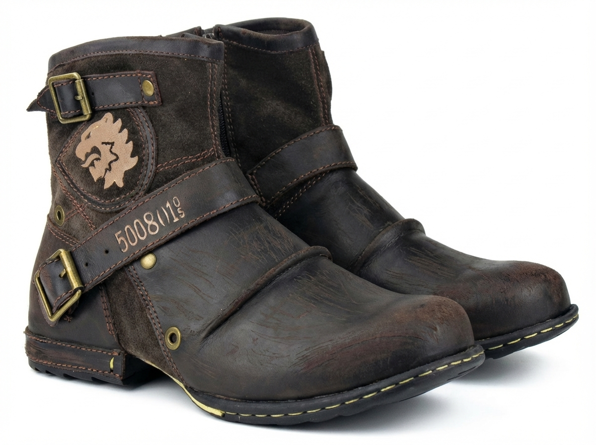 Bottine haute marron foncé Simili Cuir Femme - Ornée de motifs floraux et lion