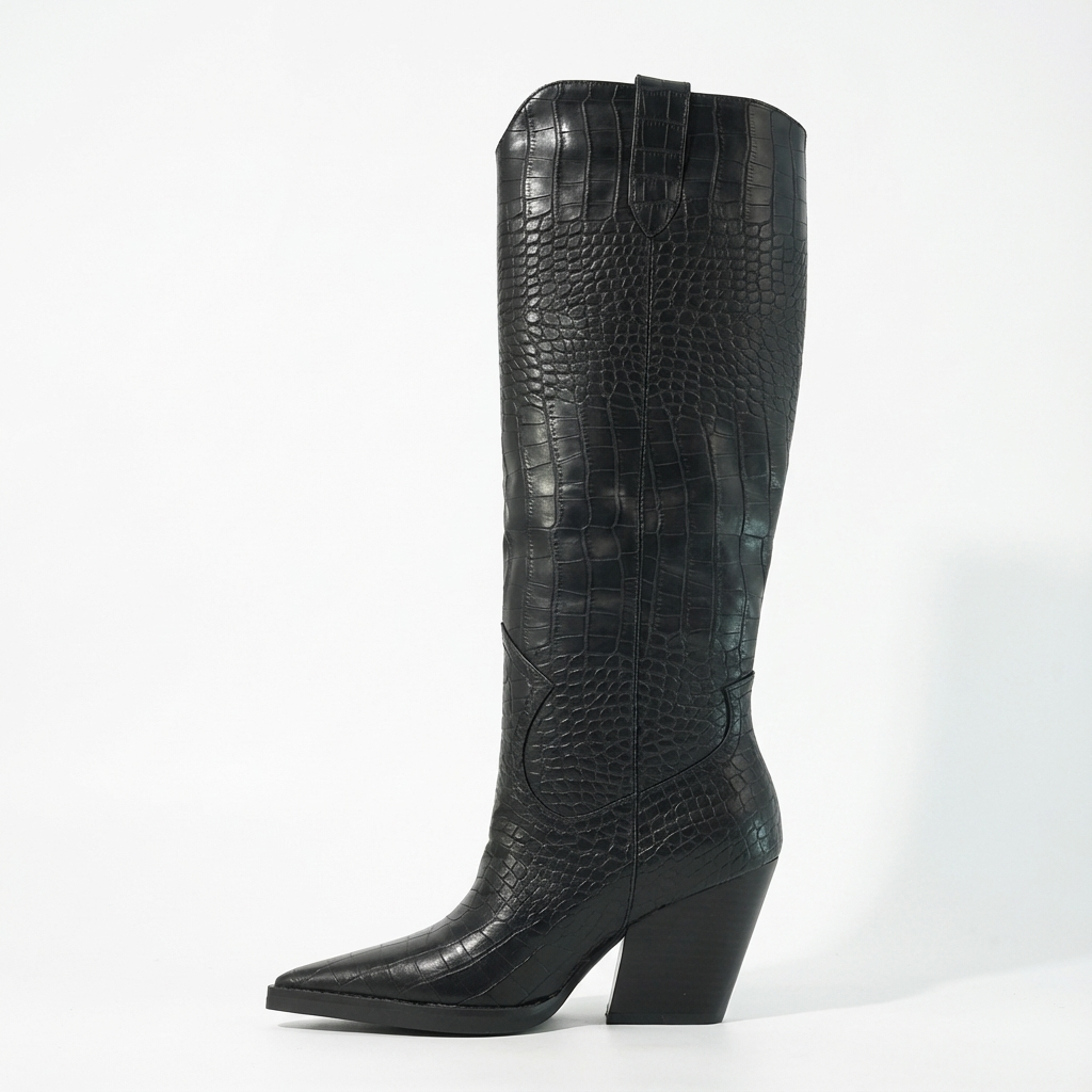 Santiag haute noir Synthétique Femme - Texture crocodile et talon épais distinctif 2