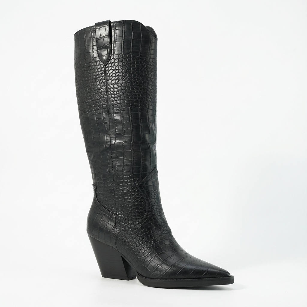 Santiag haute noir Synthétique Femme - Texture crocodile et talon épais distinctif