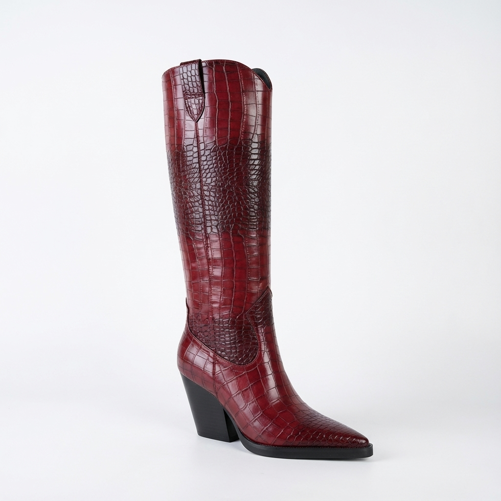 Santiag haute rouge Synthétique Femme - Motif crocodile élégant et bout pointu