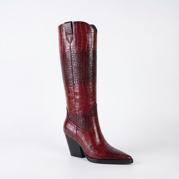 Santiag haute rouge Synthétique Femme - Motif crocodile élégant et bout pointu - three_quarter_view