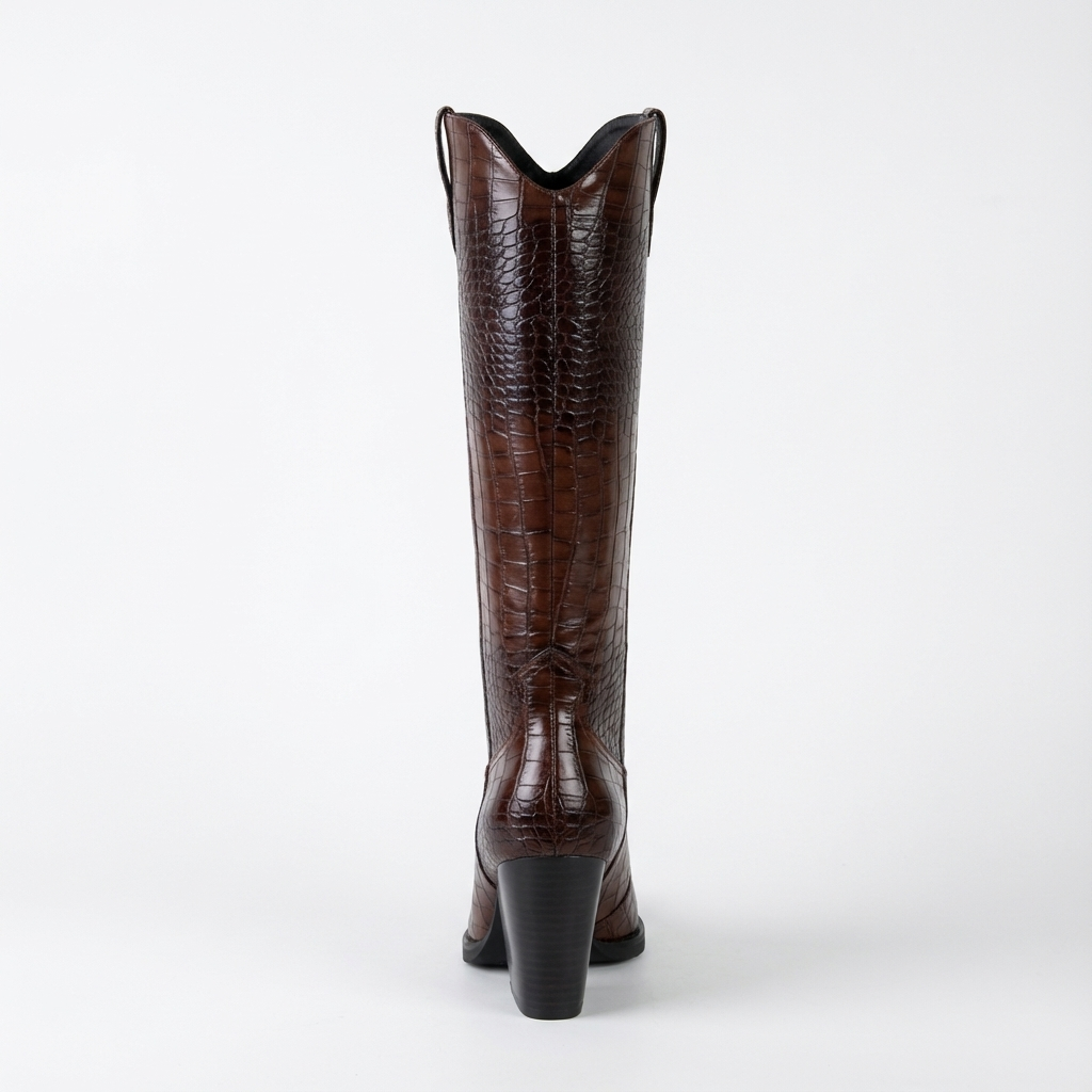 Santiag haute marron foncé Synthétique Femme - Motif crocodile et talon élégant 3