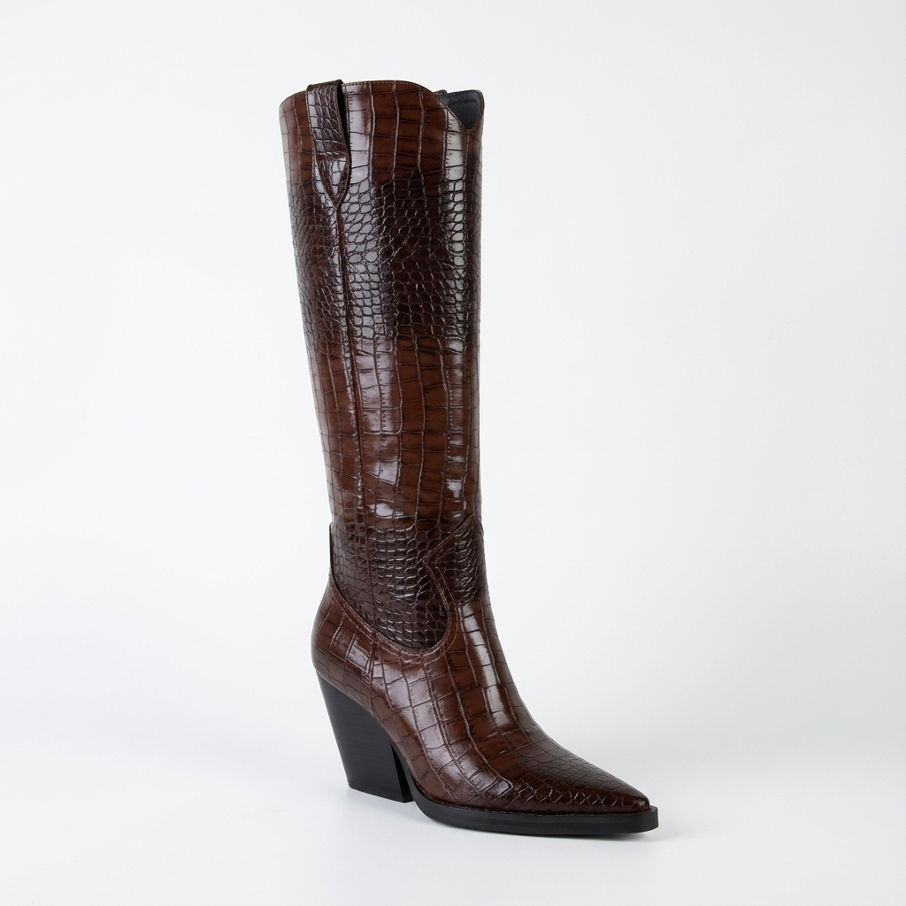 Santiag haute marron foncé Synthétique Femme - Motif crocodile et talon élégant