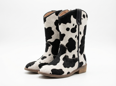 Santiag mi-haute multicolore Simili Cuir Fille - Motif peau de vache noir et blanc - three_quarter_view