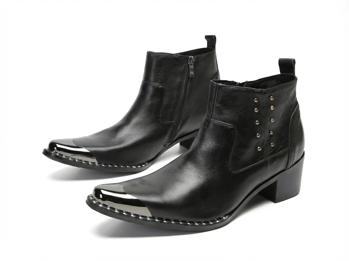 Santiag mi-haute noir Cuir Homme - Bout métallique et rivets punk
