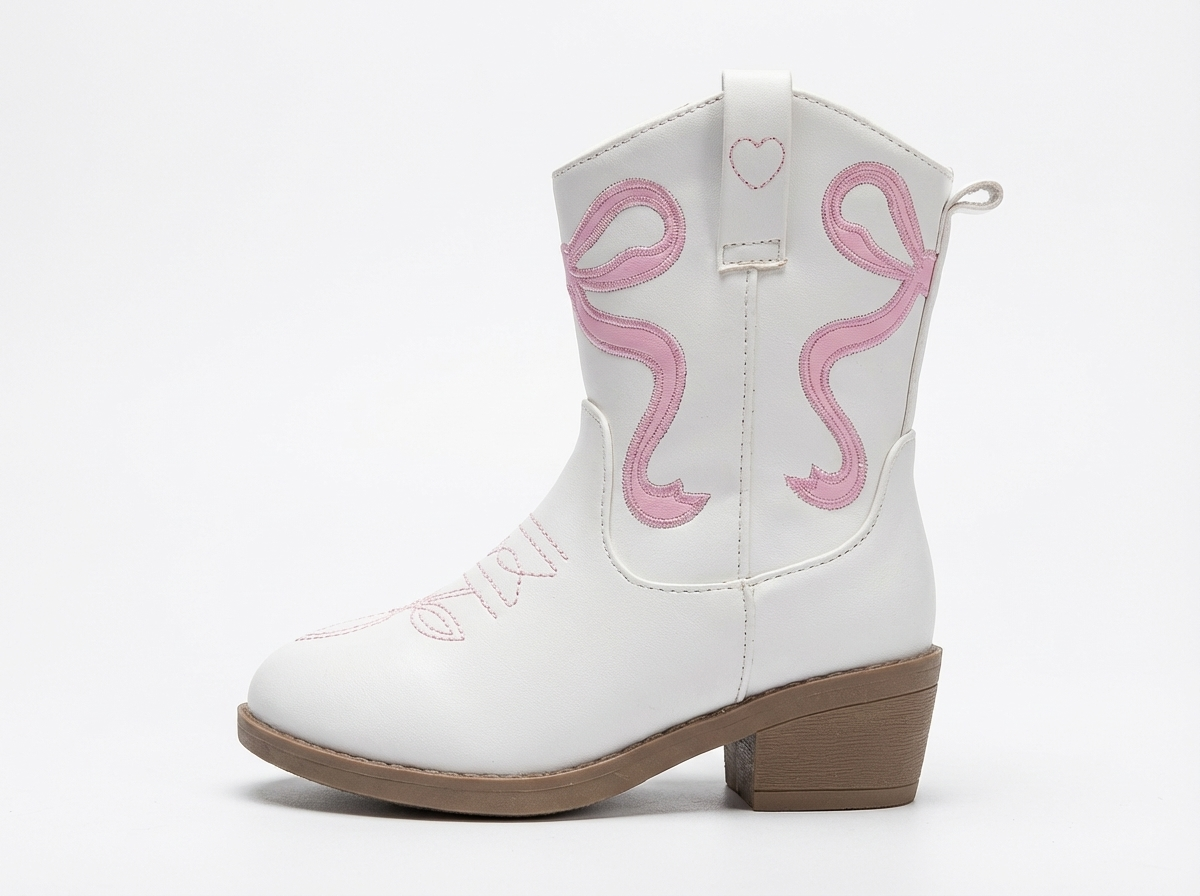Santiag mi-haute blanc Simili Cuir Fille - Broderies florales et cœur délicat 2
