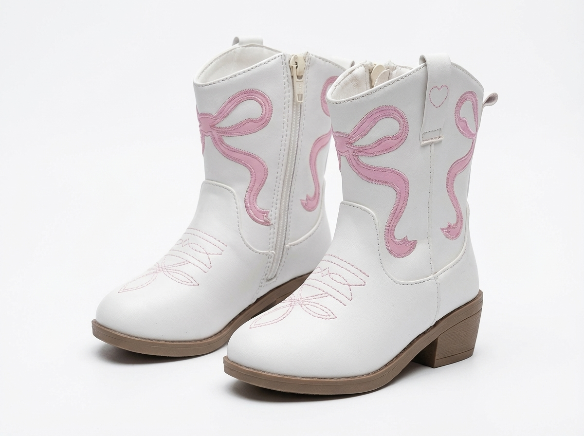 Santiag mi-haute blanc Simili Cuir Fille - Broderies florales et cœur délicat