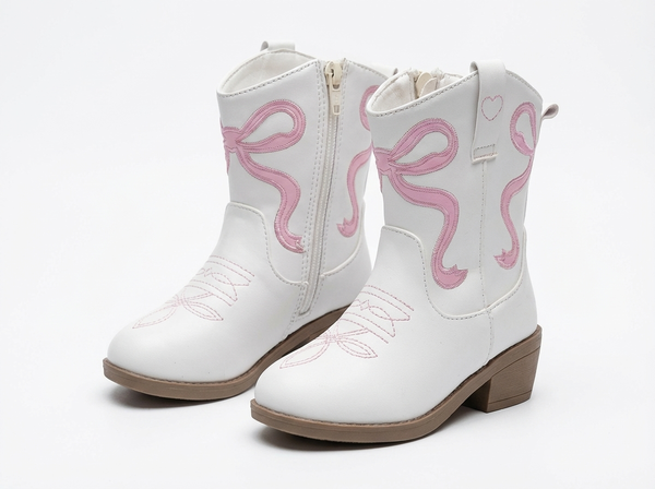 Santiag mi-haute blanc Simili Cuir Fille - Broderies florales et cœur délicat - three_quarter_view