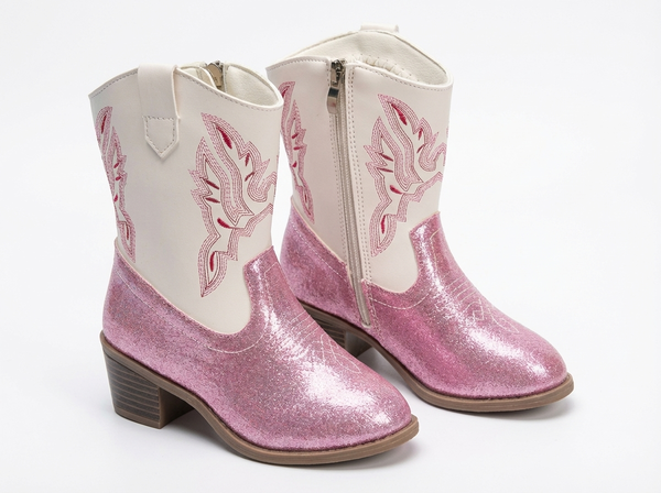 Santiag basse rose à paillettes Synthétique Fille - Rose scintillant avec broderies western - three_quarter_view