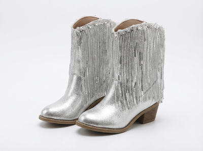 Santiag mi-haute argenté Synthétique Fille - Franges argentées et effet métallisé brillant - three_quarter_view