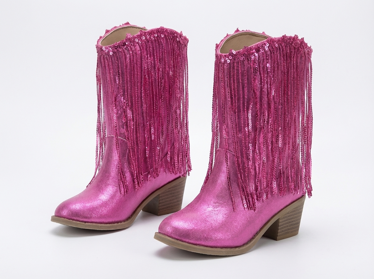 Santiag mi-haute rose Synthétique Fille - Franges brillantes et paillettes scintillantes
