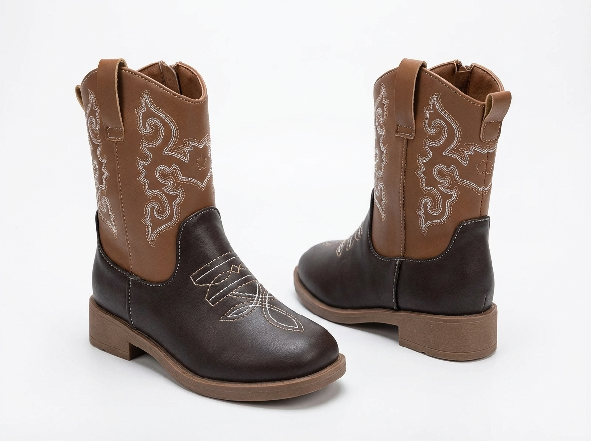 Santiag mi-haute marron foncé Simili Cuir Fille - Broderies western blanches sur fond marron