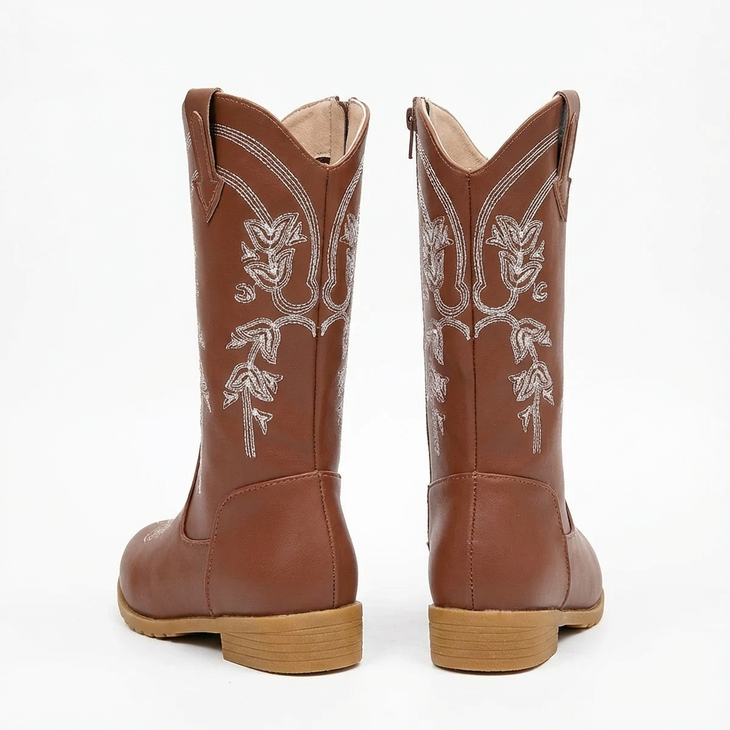 Santiag mi-haute marron Cuir Fille - Broderies florales pour une allure vintage 3