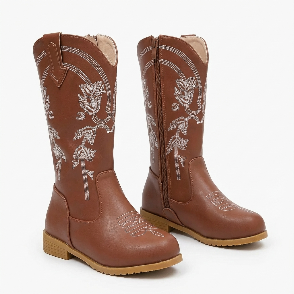 Santiag mi-haute marron Cuir Fille - Broderies florales pour une allure vintage