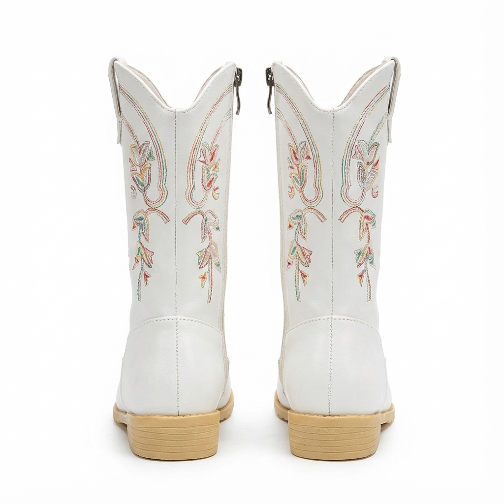 Santiag mi-haute blanc Cuir Fille - Broderies fleuries sur cuir blanc brillant 2