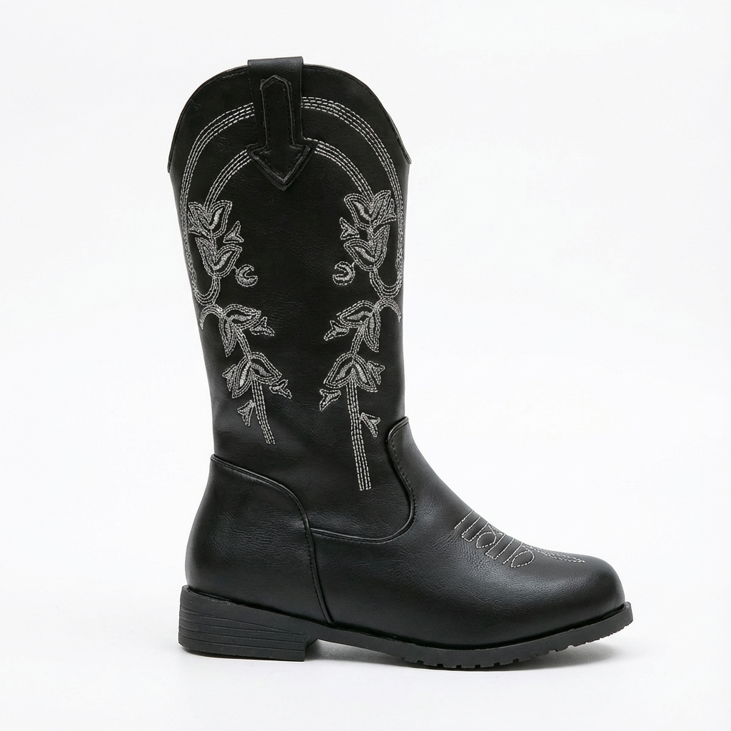 Santiag mi-haute noir Cuir Fille - Broderies florales contrastantes élégantes 2