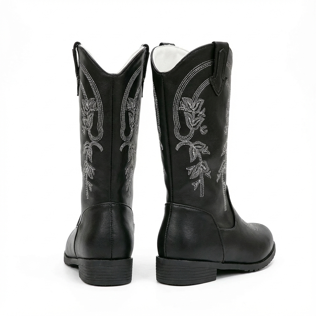 Santiag mi-haute noir Cuir Fille - Broderies florales contrastantes élégantes 3