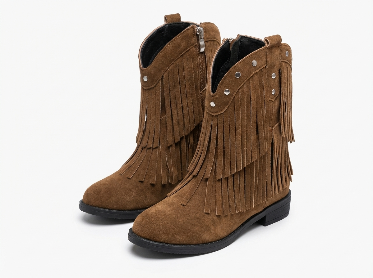 Santiag haute marron Daim Fille - Franges longues en daim décoratives