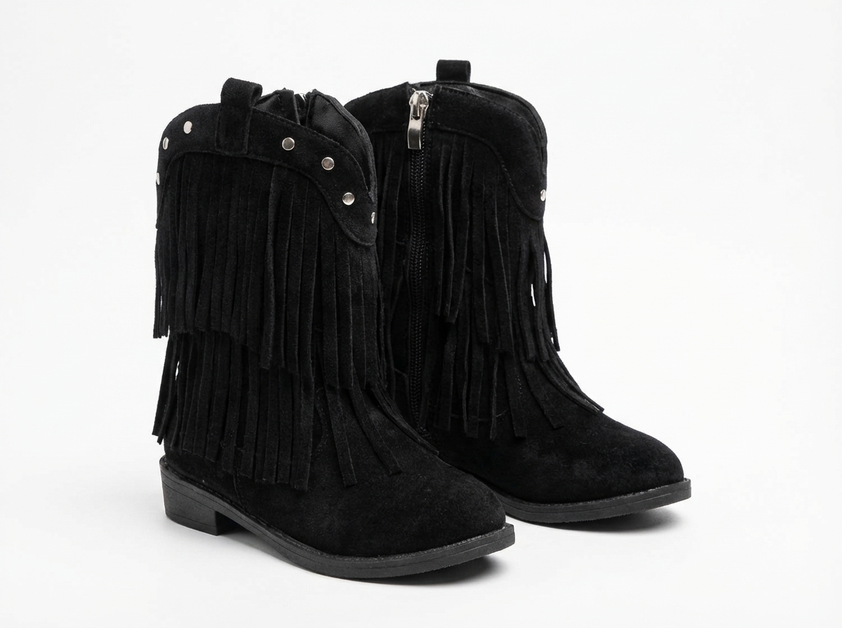 Santiag haute noir Cuir Fille - Franges dynamiques et clous argentés