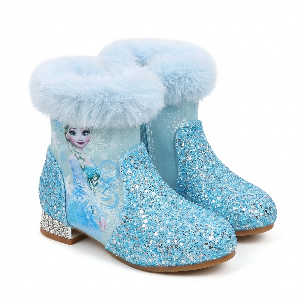 Santiag mi-haute bleu à paillettes Synthétique Enfant - Paillettes bleues et fausse fourrure blanche
