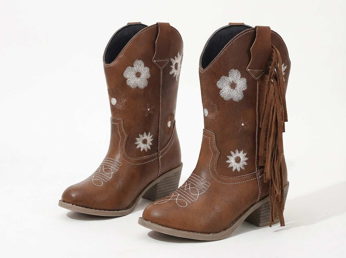 Santiag mi-haute marron Simili Cuir Fille - Broderies florales avec franges élégantes