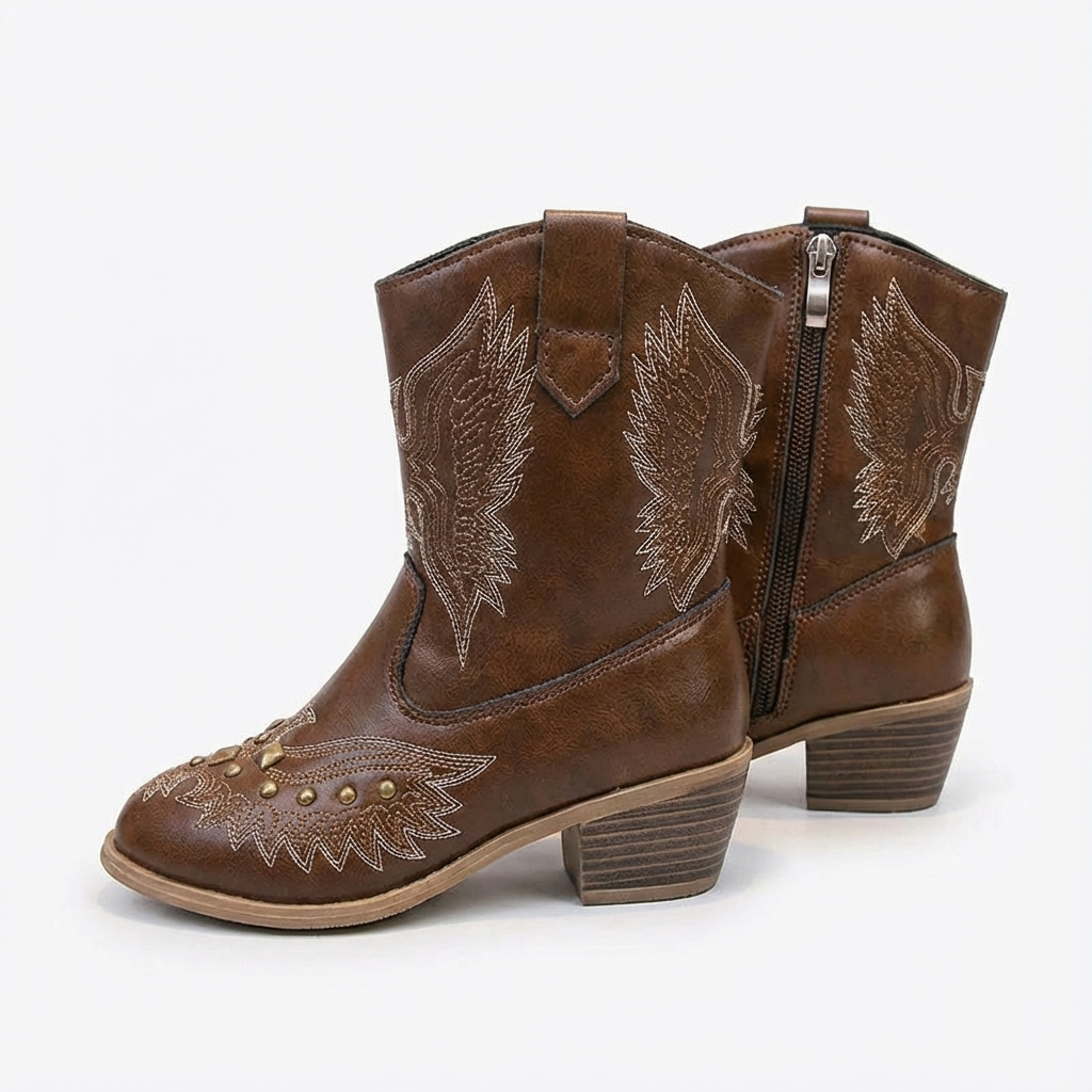 Santiag haute marron Synthétique Fille - Bottes marron, ailes brodées, clous dorés 2