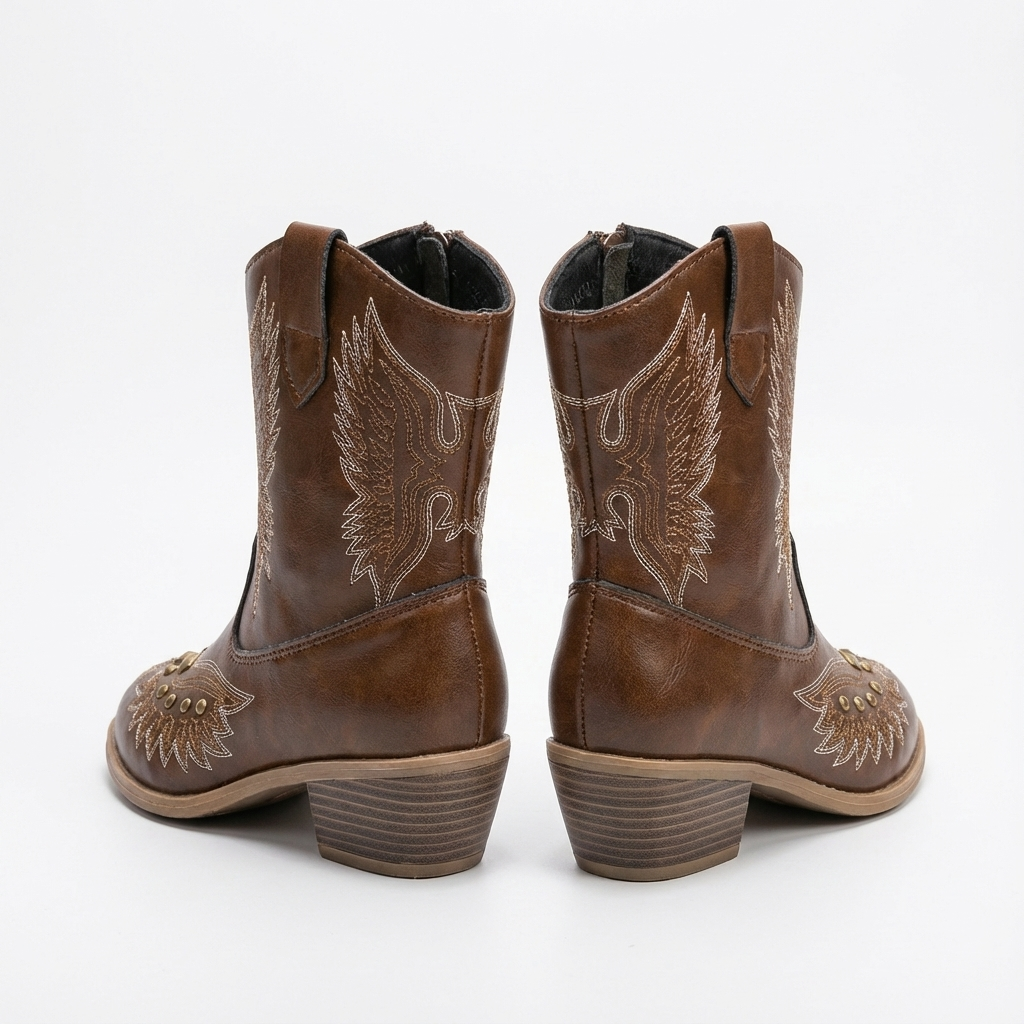Santiag haute marron Synthétique Fille - Bottes marron, ailes brodées, clous dorés 5