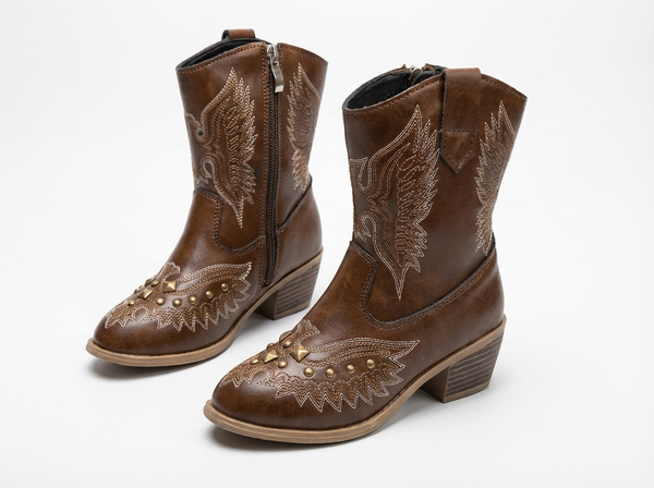 Santiag haute marron Synthétique Fille - Bottes marron, ailes brodées, clous dorés - three_quarter_view