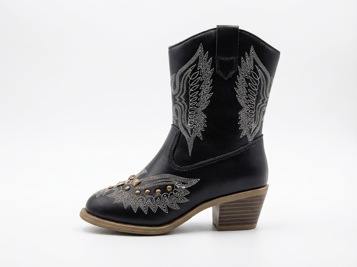 Santiag haute noir Simili Cuir Fille - Broderies ailées et clous dorés 2