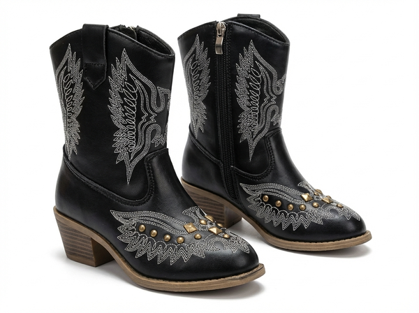 Santiag haute noir Simili Cuir Fille - Broderies ailées et clous dorés - three_quarter_view