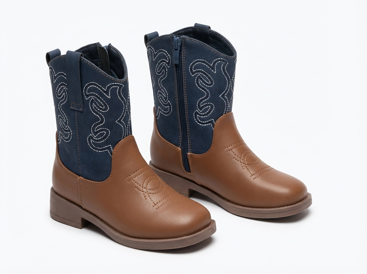 Santiag mi-haute marron Cuir Fille - Broderies blanches sur fond bleu élégant