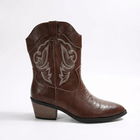 Santiag mi-haute marron Simili Cuir Femme - Broderie contrastée élégante sur fond marron 2