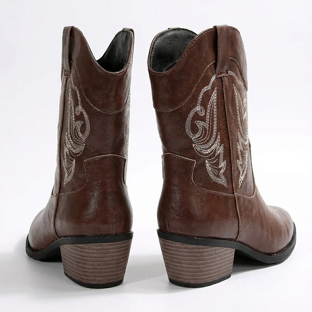 Santiag mi-haute marron Simili Cuir Femme - Broderie contrastée élégante sur fond marron 3
