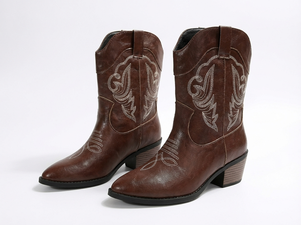 Santiag mi-haute marron Simili Cuir Femme - Broderie contrastée élégante sur fond marron