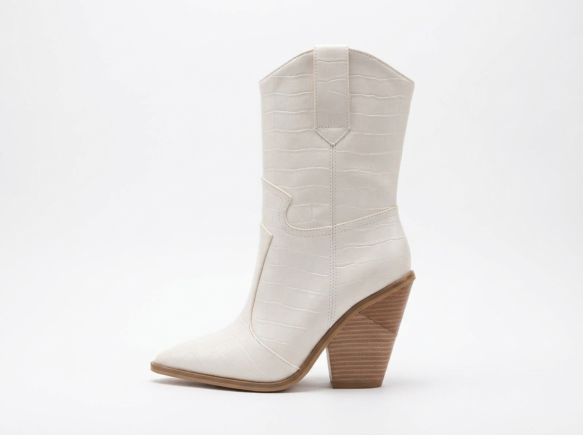 Santiag mi-haute blanc Simili Cuir Femme - Talon carré et bout pointu élégant 2