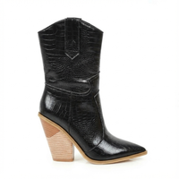 Santiag mi-haute noir Simili Cuir Femme - Texture crocodile, talon carré audacieux 2