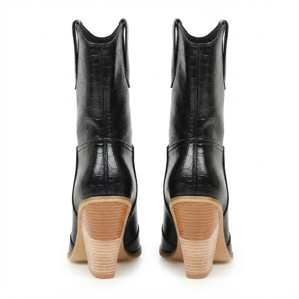 Santiag mi-haute noir Simili Cuir Femme - Texture crocodile, talon carré audacieux 3