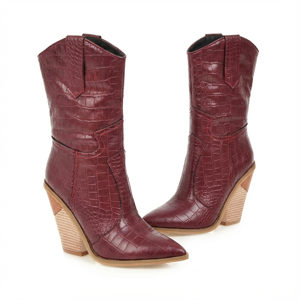 Santiag mi-haute marron Simili Cuir Femme - Motif crocodile et talon carré élégant