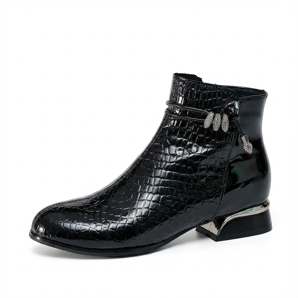 Bottine à talon noir Cuir Femme - Santiags à texture crocodile et nœud 2