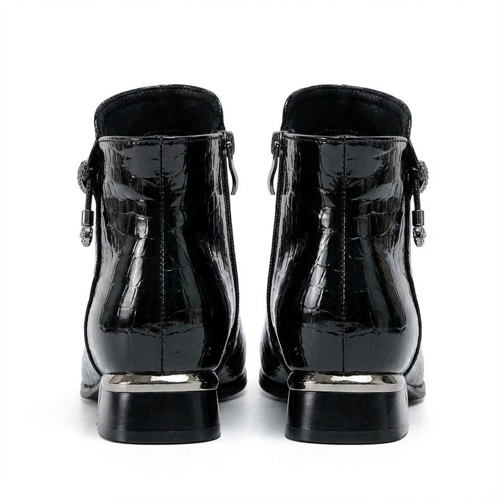 Bottine à talon noir Cuir Femme - Santiags à texture crocodile et nœud 3