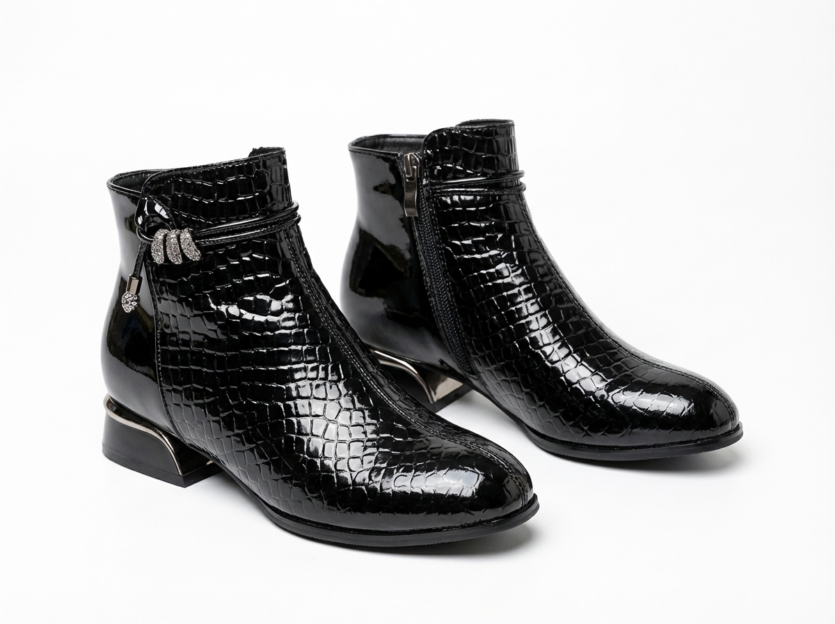 Bottine à talon noir Cuir Femme - Santiags à texture crocodile et nœud