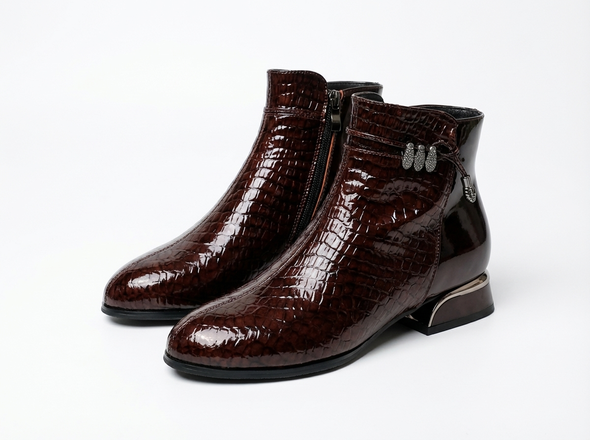 Bottine à talon marron foncé Cuir Femme - Bottines python avec talon métallique élégant