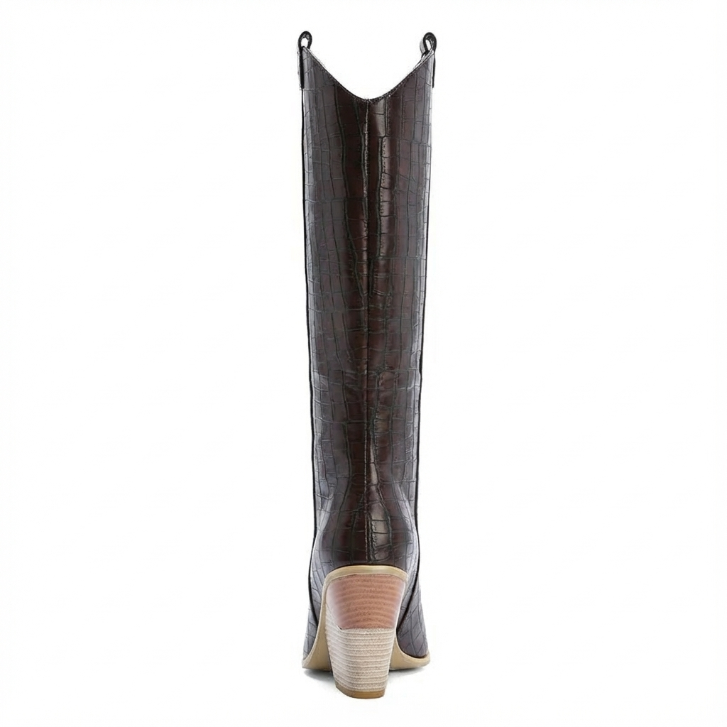 Santiag haute marron foncé Daim Synthétique Femme - Motif crocodile et talon incliné robuste 4