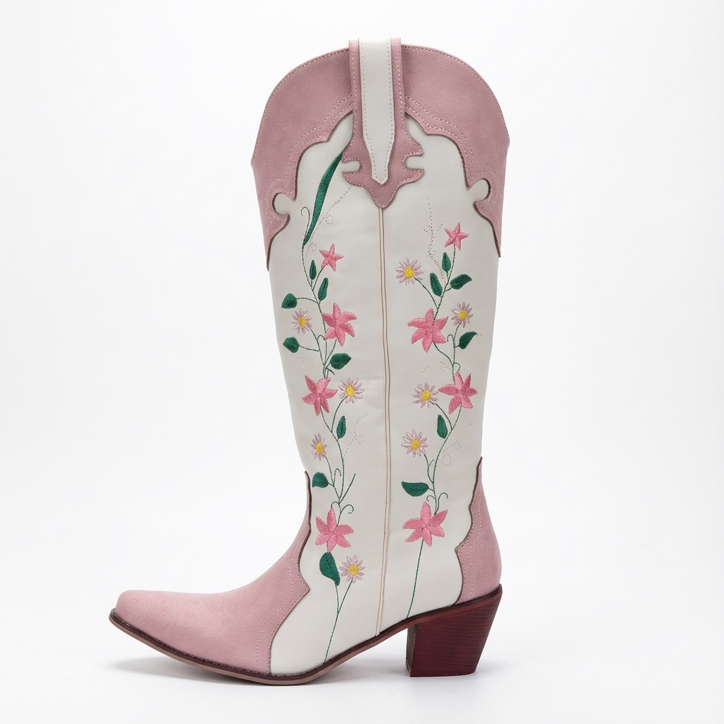 Santiag mi-haute blanc Simili Cuir Femme - Broderies florales vibrantes élégantes 2