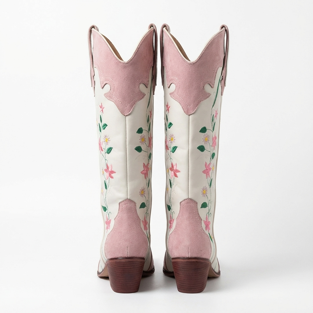 Santiag mi-haute blanc Simili Cuir Femme - Broderies florales vibrantes élégantes 3