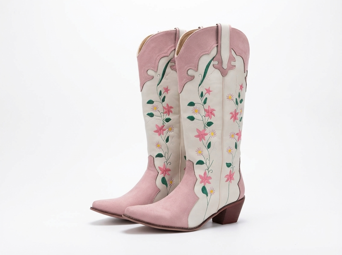 Santiag mi-haute blanc Simili Cuir Femme - Broderies florales vibrantes élégantes